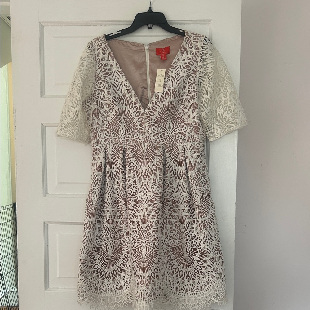 Elegant Lace Overlay Dress in Cream and white